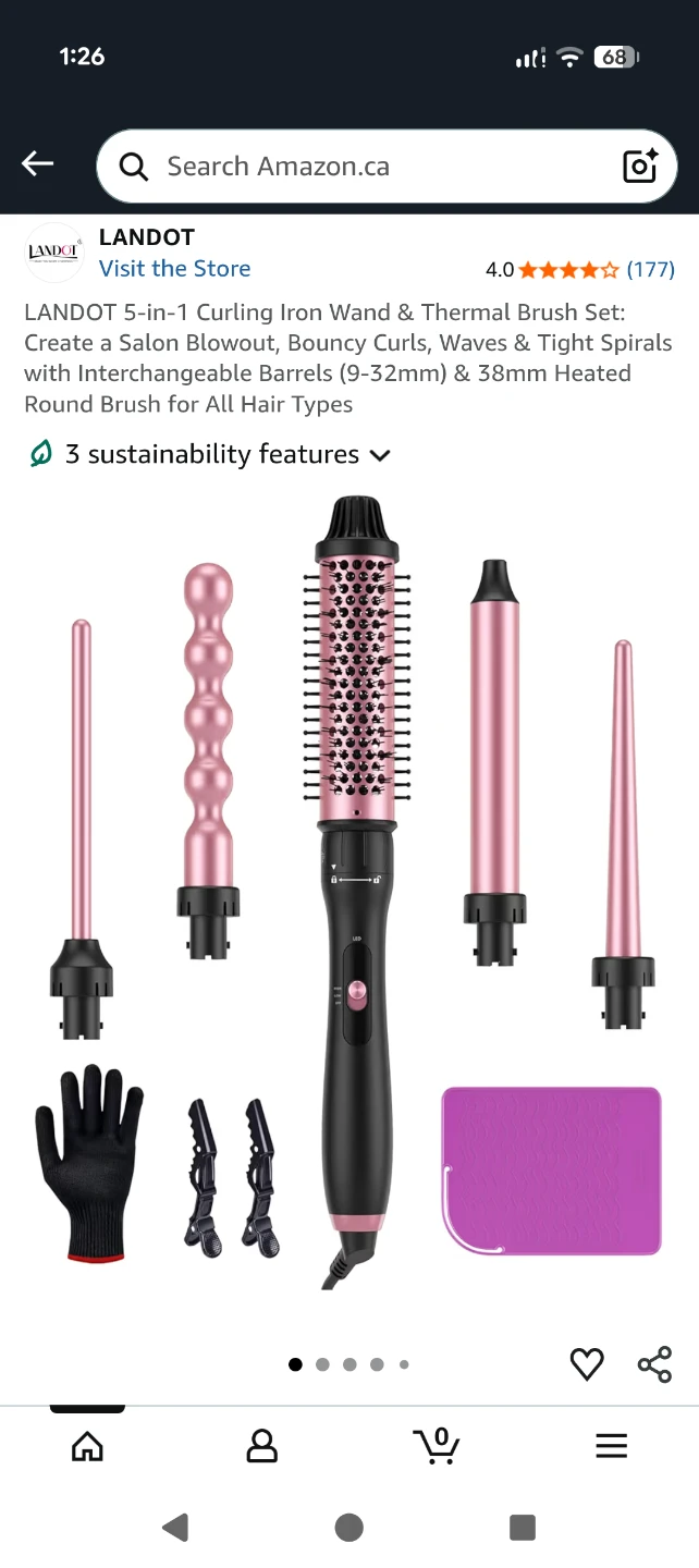 LANDOT 5-in-1 Curling Iron Wand & Thermal Brush Set