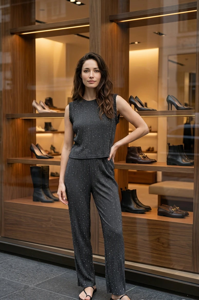 Women's Dark Grey Embellished Pleated Top and Pants Set