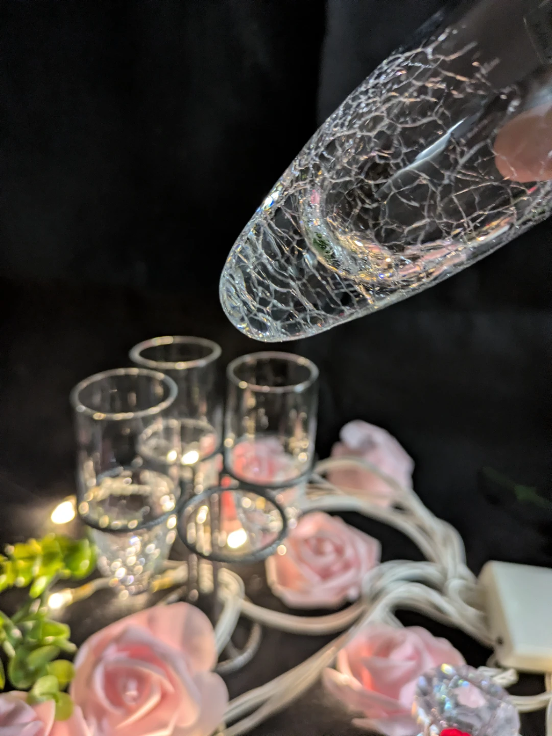 Set of 4 Crackle Glass Shot Glasses with Holder