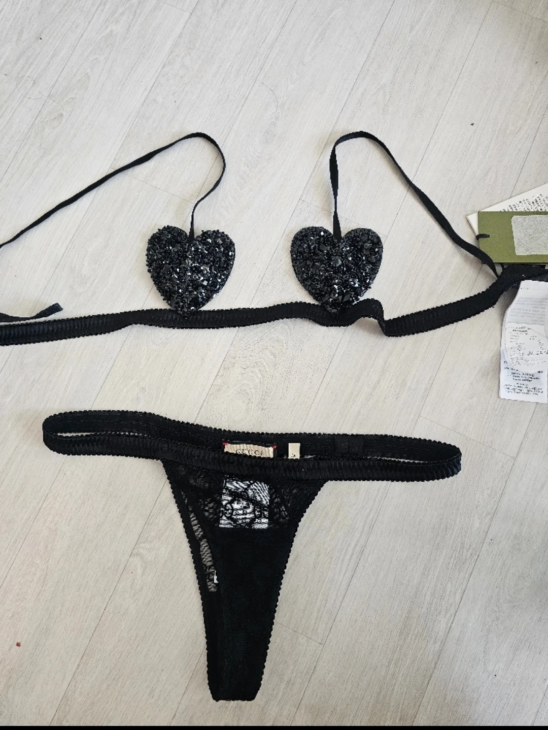 Gucci Black Lace Heart Detail Bralette & Thong Set - Size M