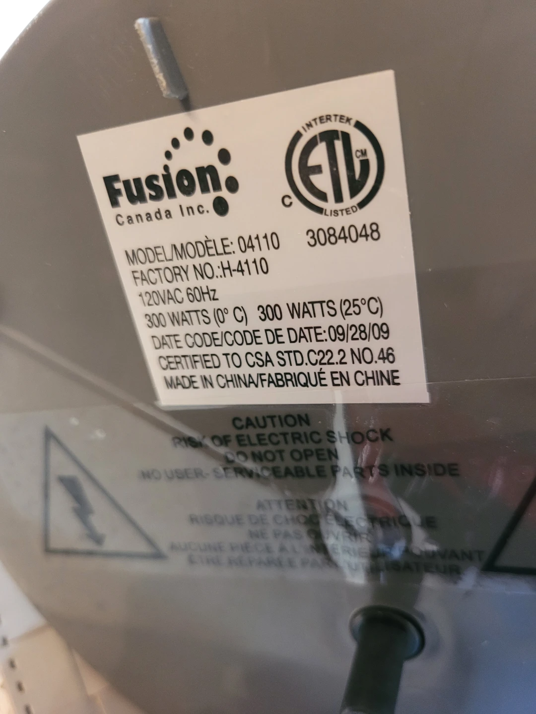 Fusion Canada Portable Heater Model H-4110 - photo 5