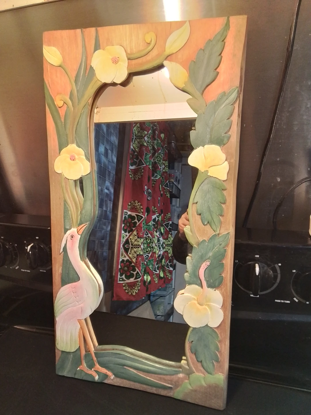Unique Vintage Mirror with a Hand-Carved Wooden frame 12.5X24" - photo 3