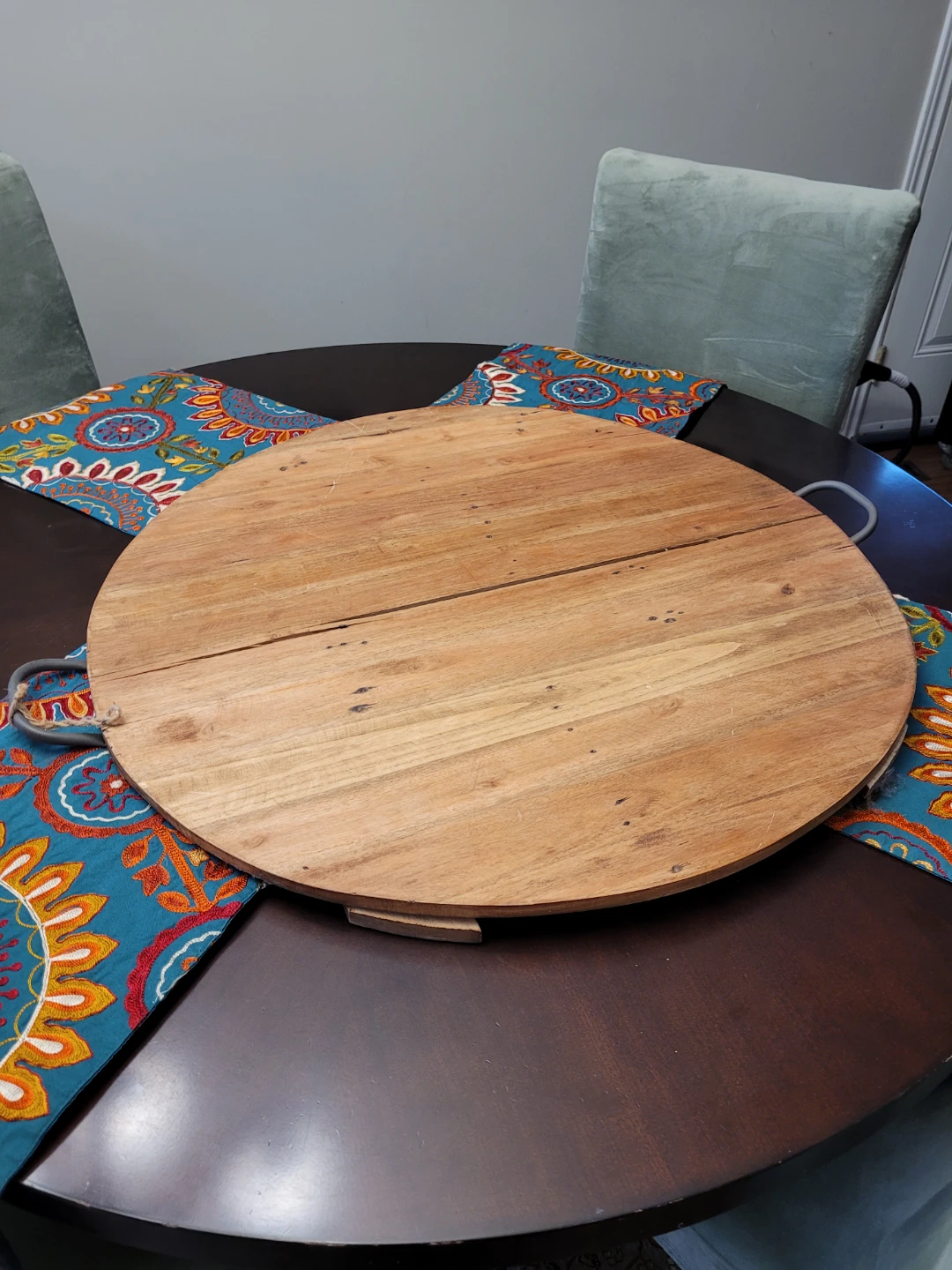 Round Wood Serving Tray with Handles