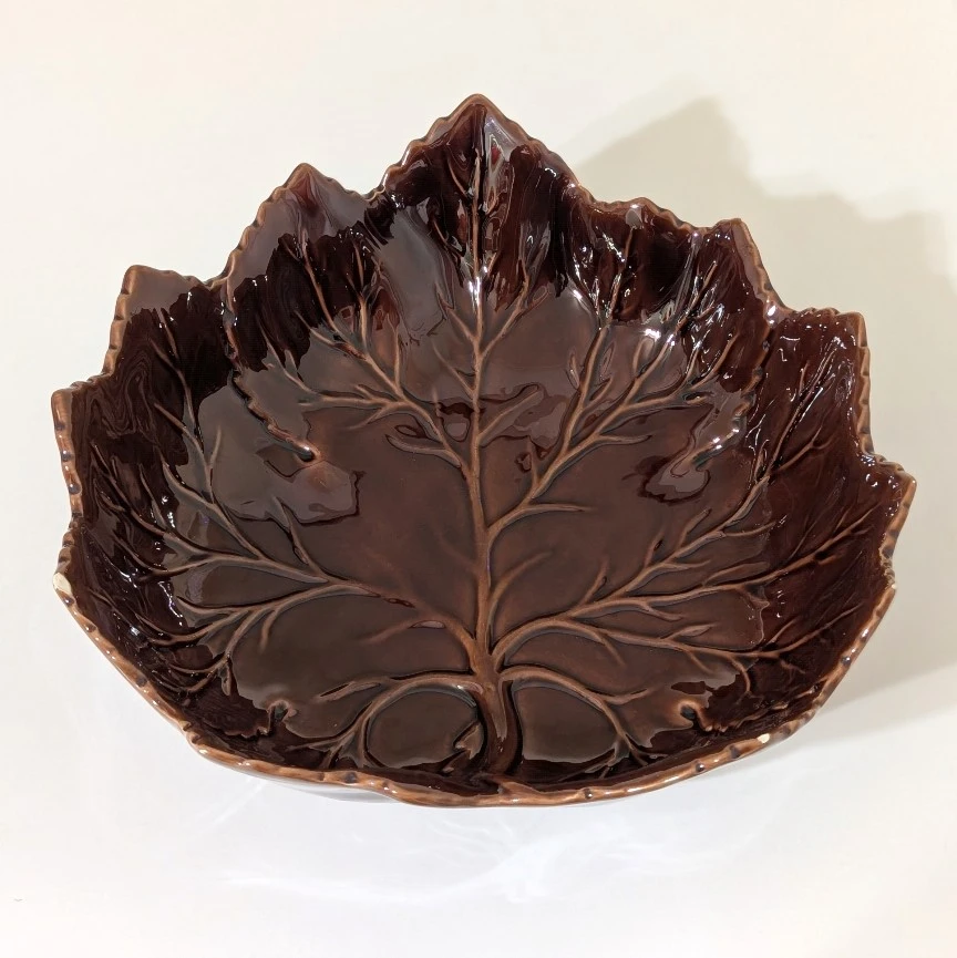 Vintage Olfaire Majolica Leaf Large Serving Bowl: Brown