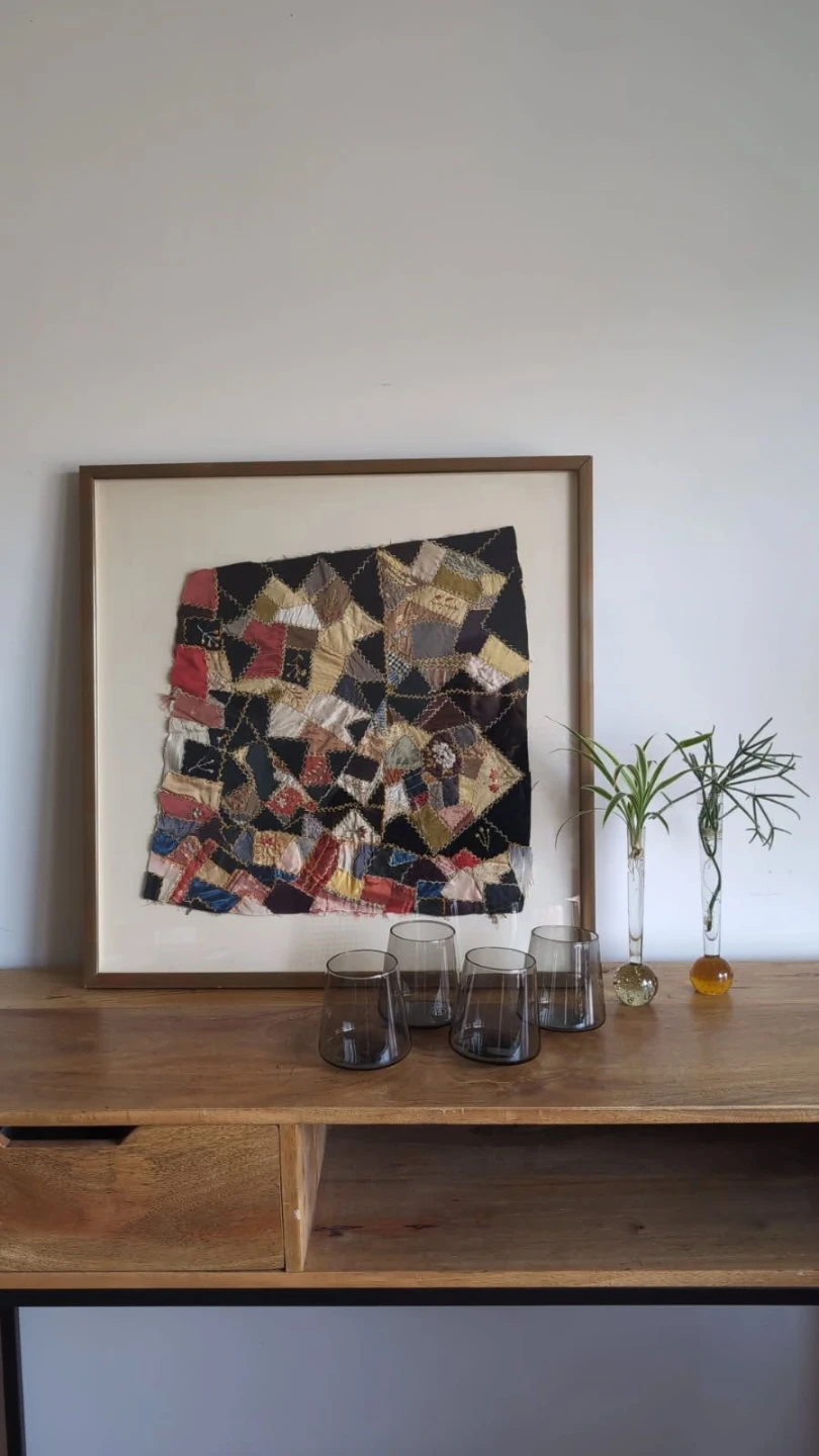 Victorian Crazy Quilt Art. Mid Century Vases.Smokey Glasses