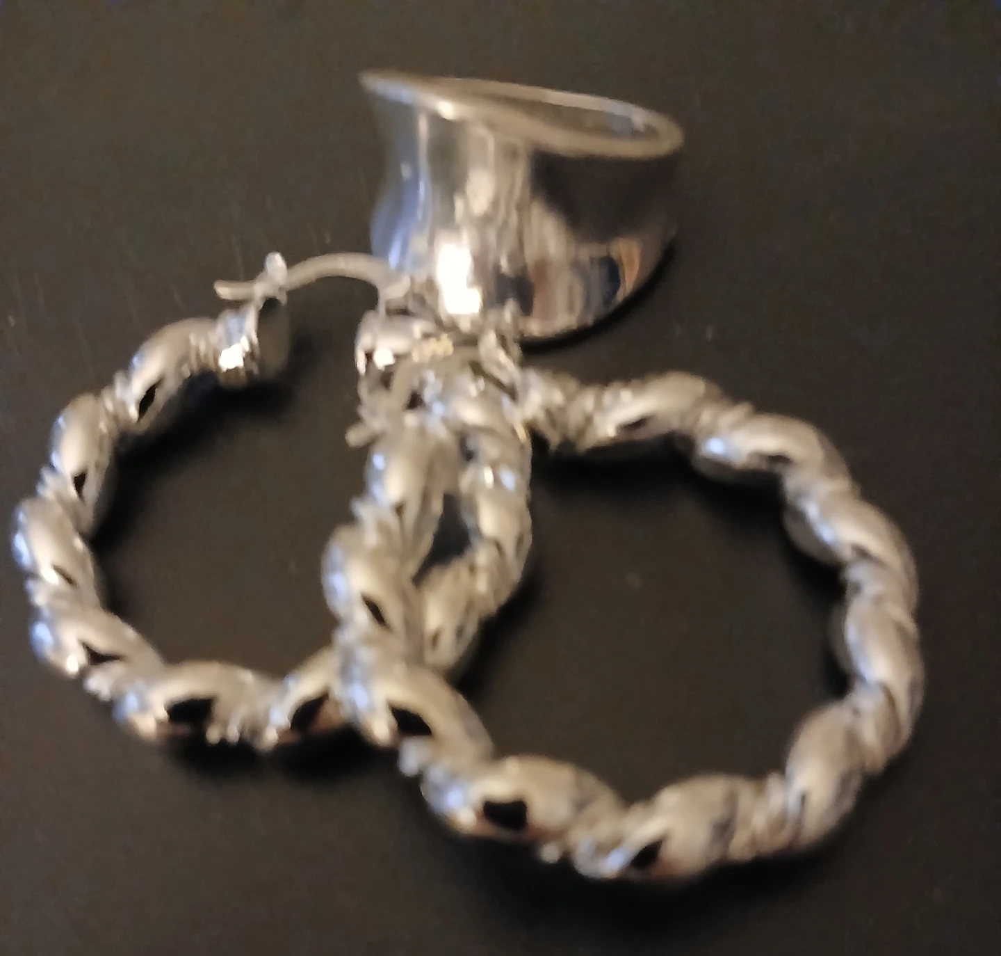 Silver Tone Twisted Hoop Earrings and Band Ring Set