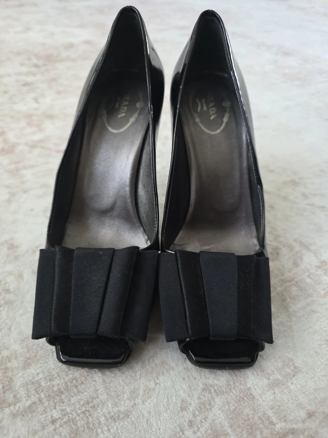 Prada Black Patent Leather Peep Toe Heels with Bow - Size 37.5
