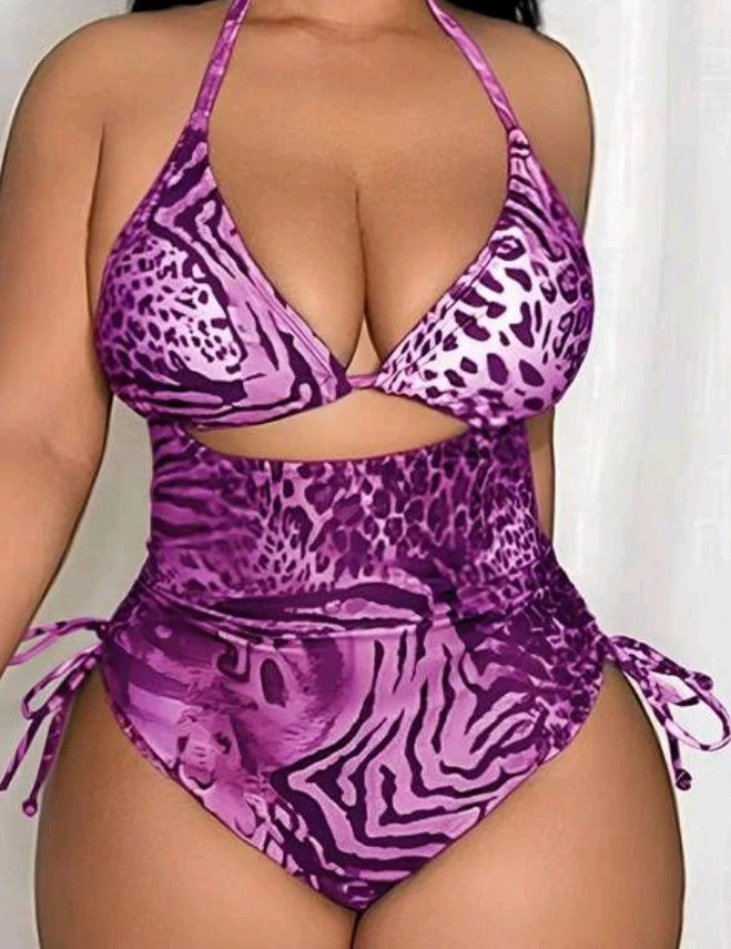 Purple Leopard Print High Waisted Halter Swimsuit
