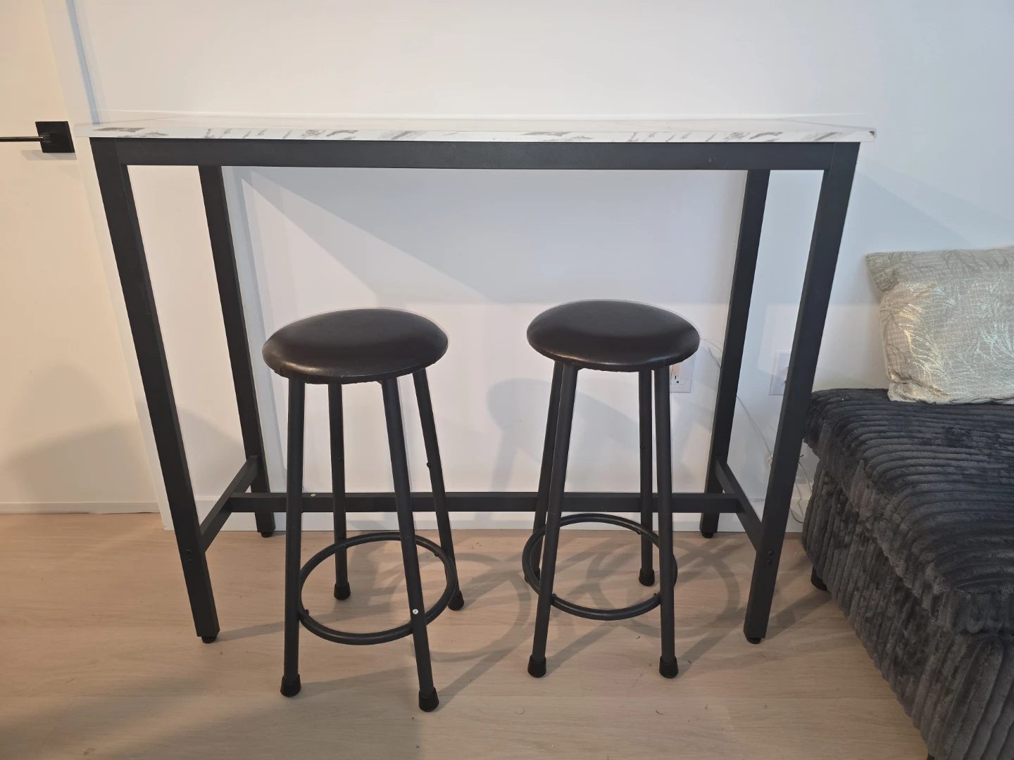 White Marble Effect Bar Table with Black Frame