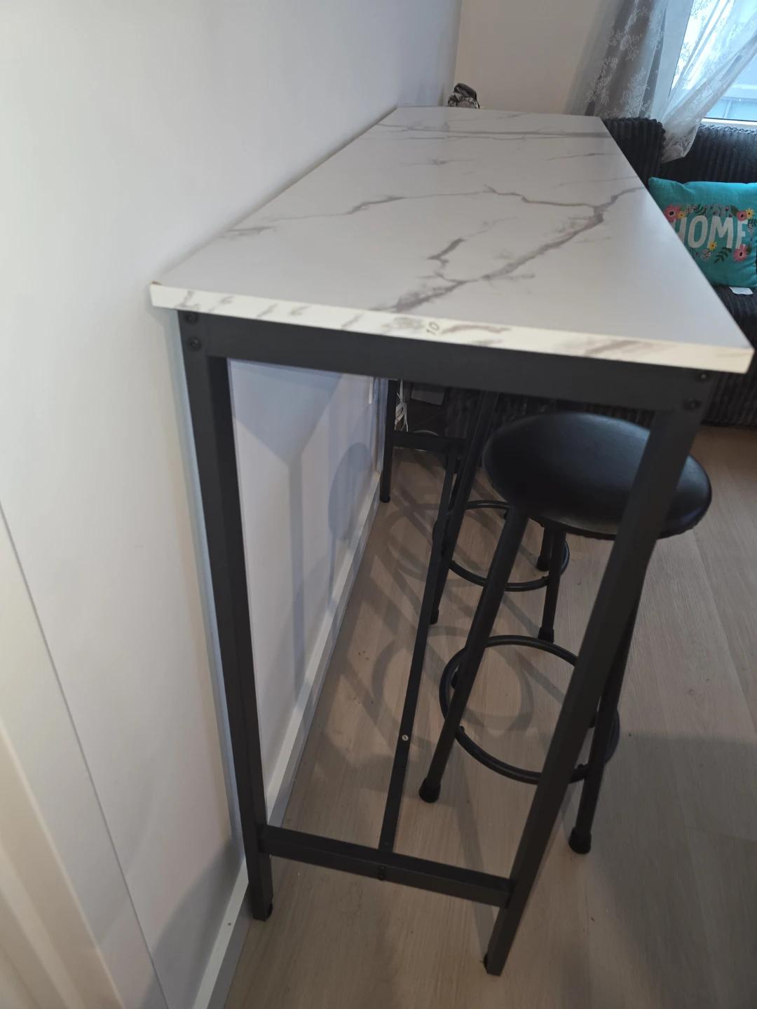 White Marble Effect Bar Table with Black Frame - photo 3