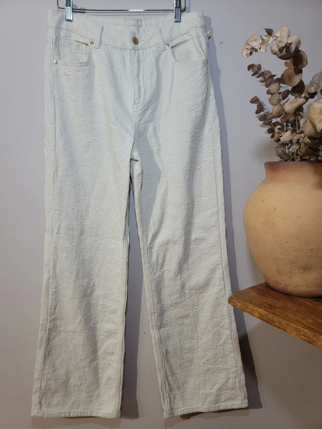 Cream Paisley Jacquard Pant Sz 6 Cotton Coastal Festival