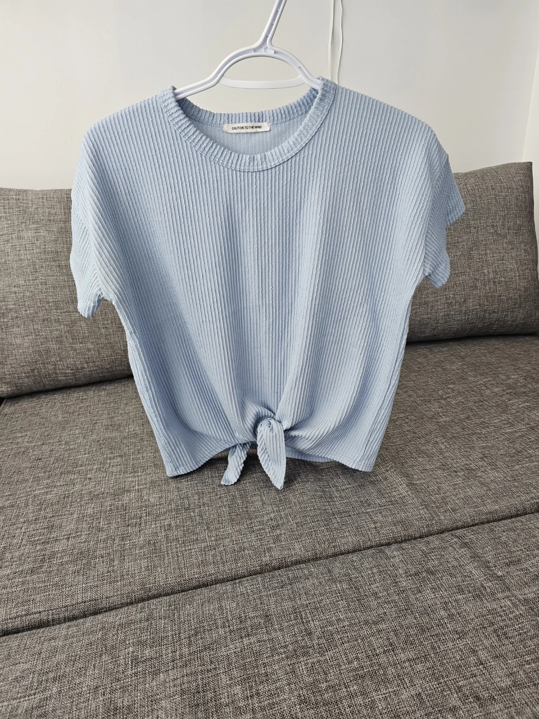 CAUTION TO THE WIND Light Blue Ribbed Tie-Front T-Shirt