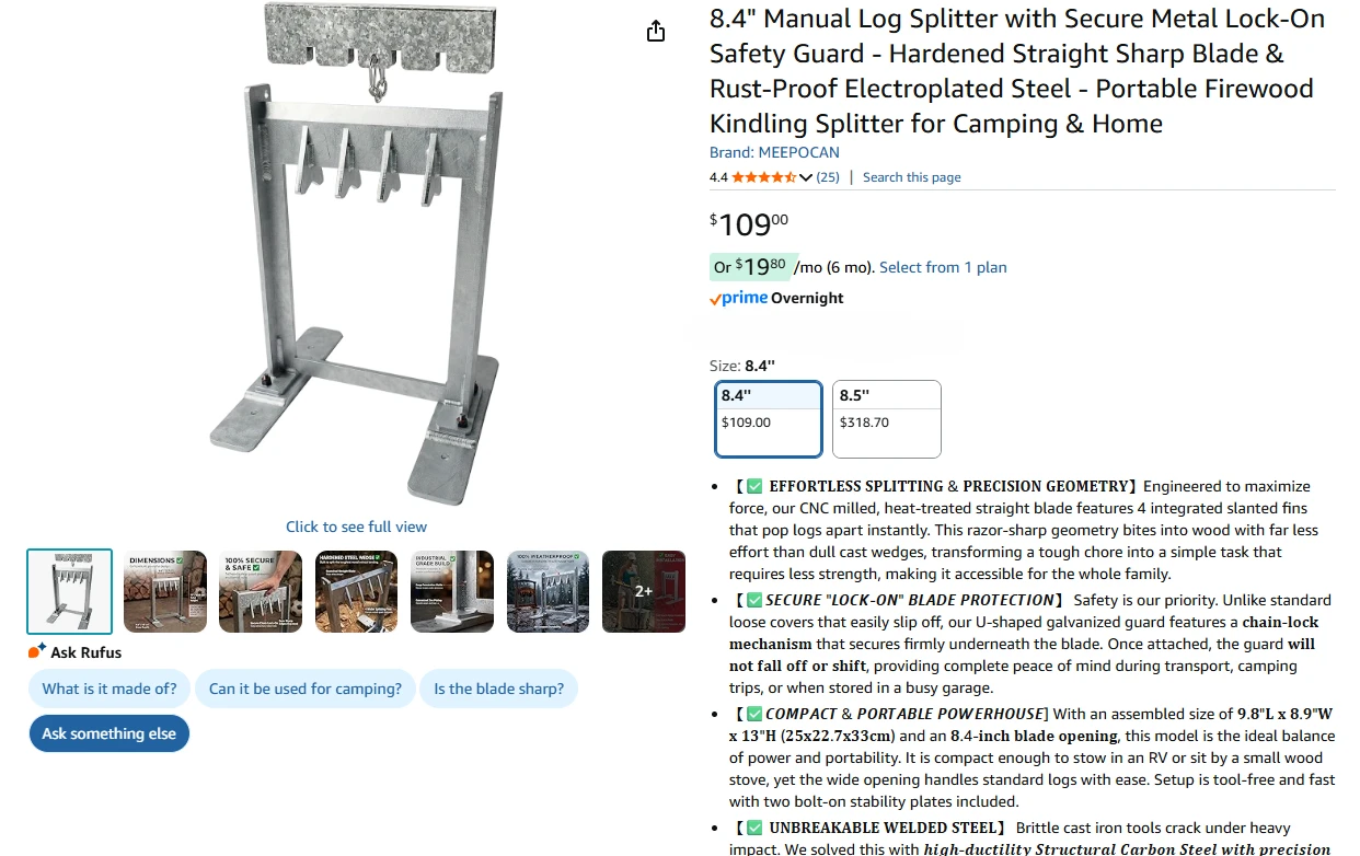 Manual Log Splitter with Secure Metal Lock-On Safety Guard BNIB - photo 2