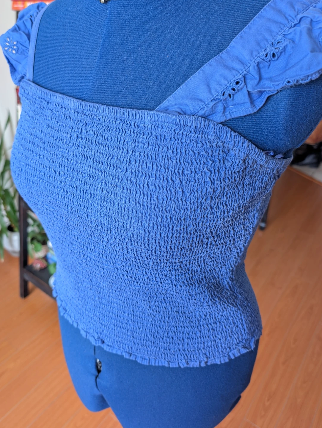 Blue Smocked Crop Top with Eyelet Trim - photo 2
