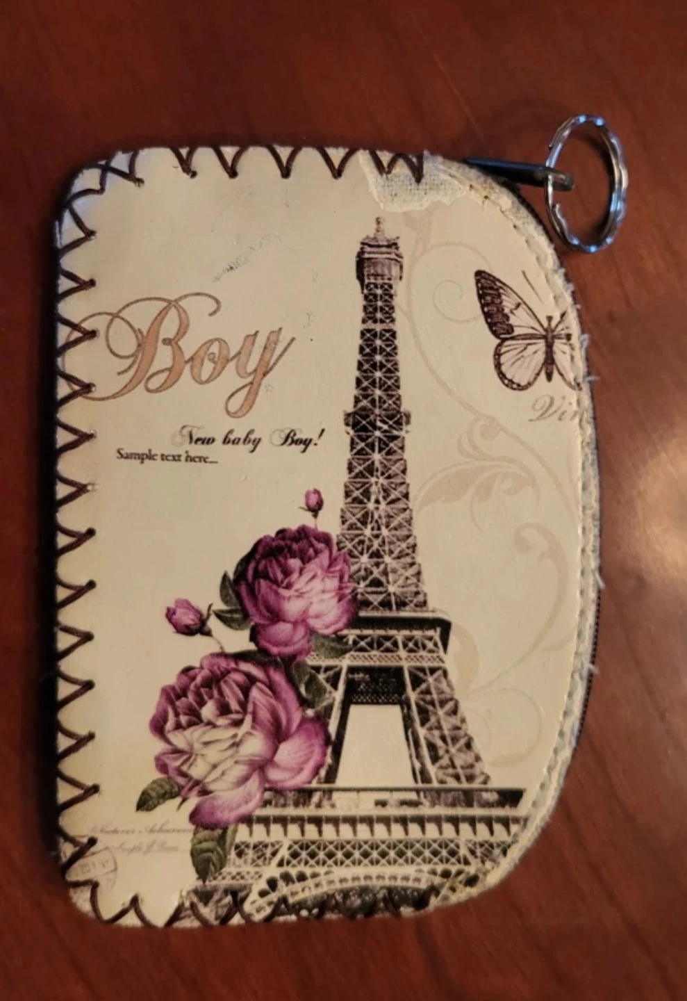 Zip Leather Coin Pouch with Eiffel Tower Design