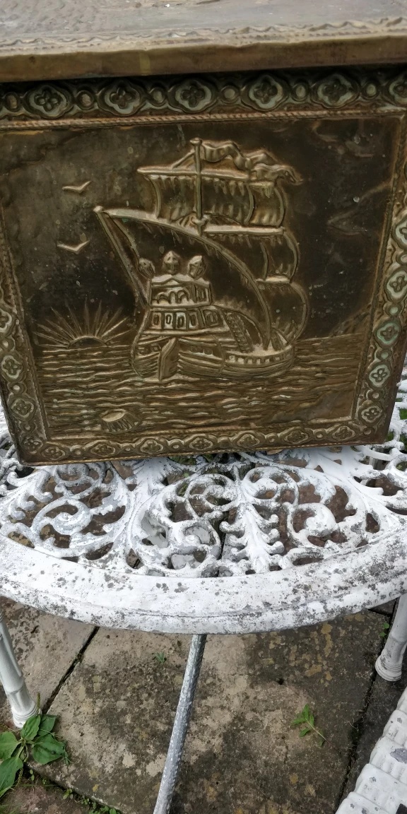 Vintage Embossed Brass Chest Trunk with Ship Design - photo 2