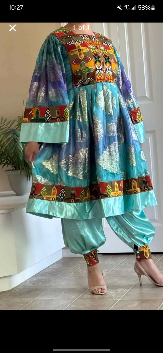 Traditional Afghan Dress and Pants Set - Teal