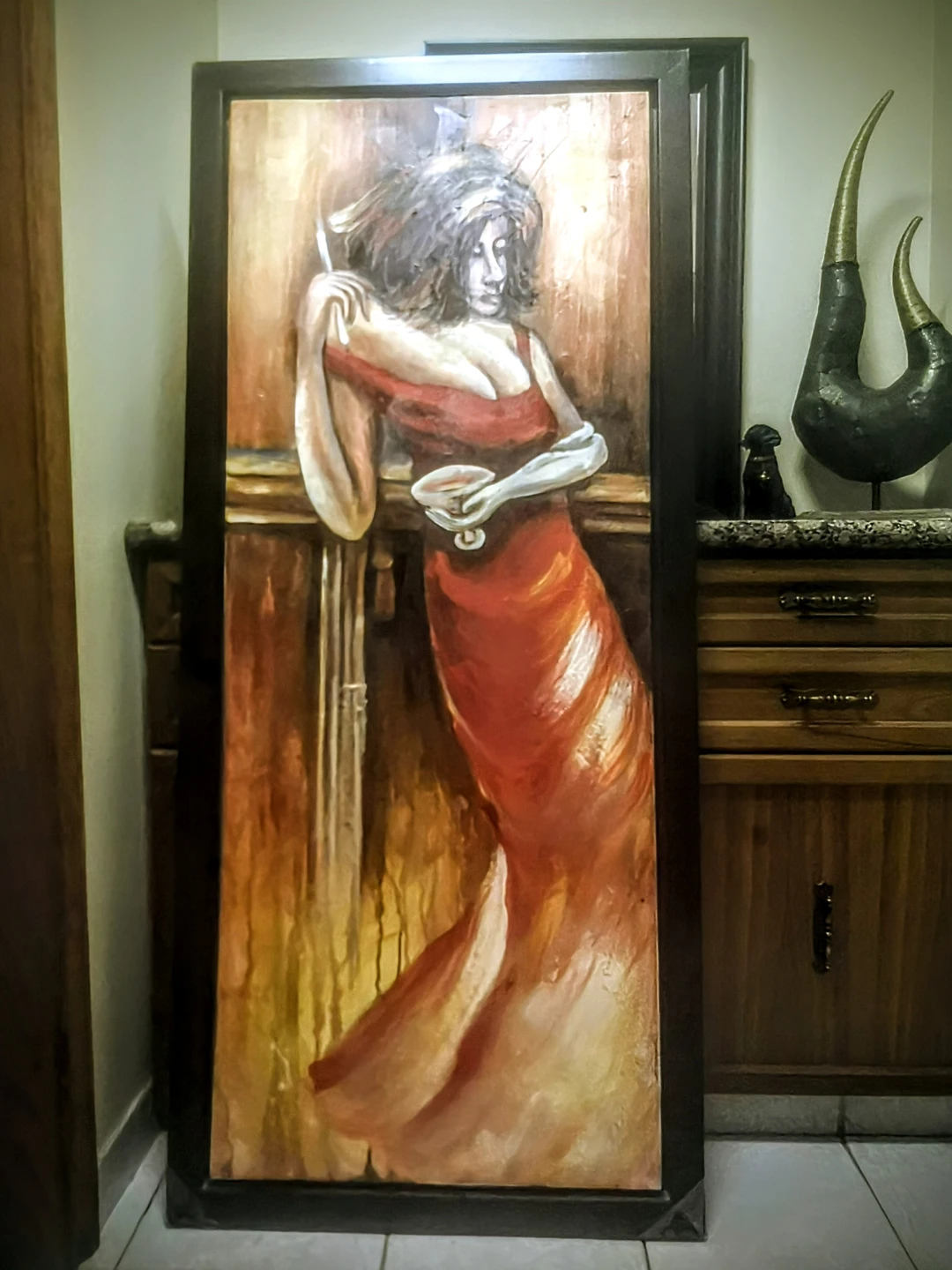Framed Painting of Woman in Red Dress