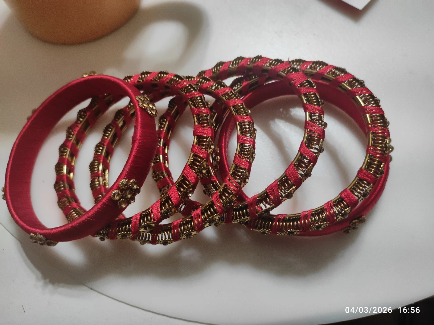 Red Silk Thread Bangles with Rhinestone Embellishments - photo 2