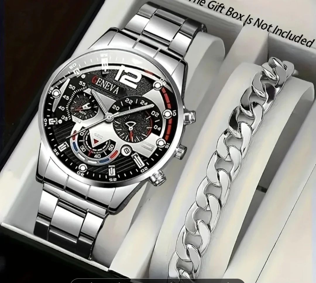 Geneva Men's Watch and Bracelet Set - Silver