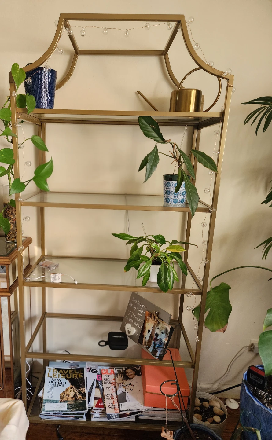 Gold Metal Tiered Shelf with Glass Shelves