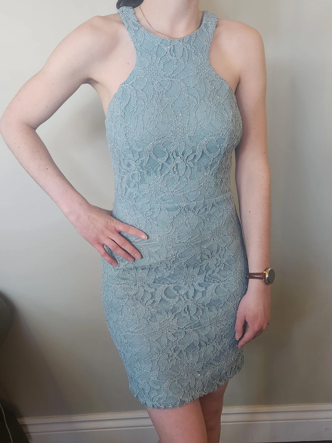 Light Blue Lace Bodycon Dress with Cutout Back - photo 2