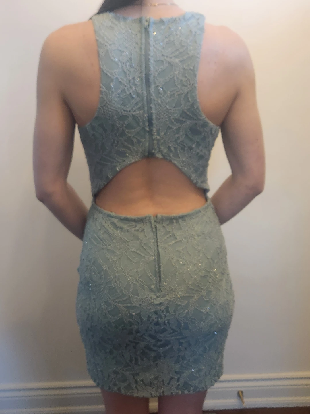 Light Blue Lace Bodycon Dress with Cutout Back - photo 3
