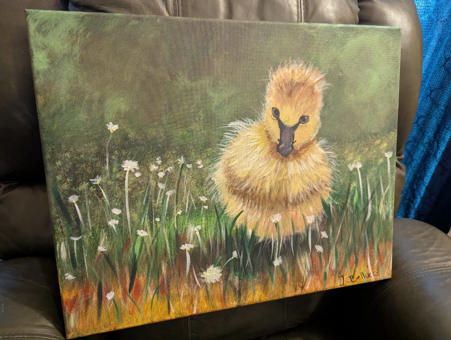 Original Painting of a Fluffy Duckling in a Field - photo 2