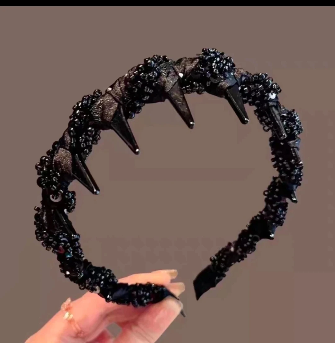 Black Beaded Headband with Spikes