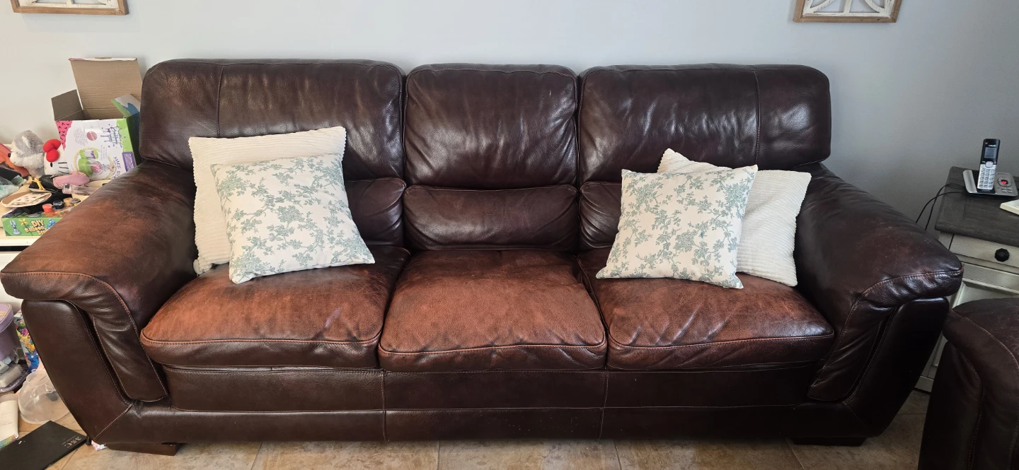 Brown leather, love seat and three seater sofa