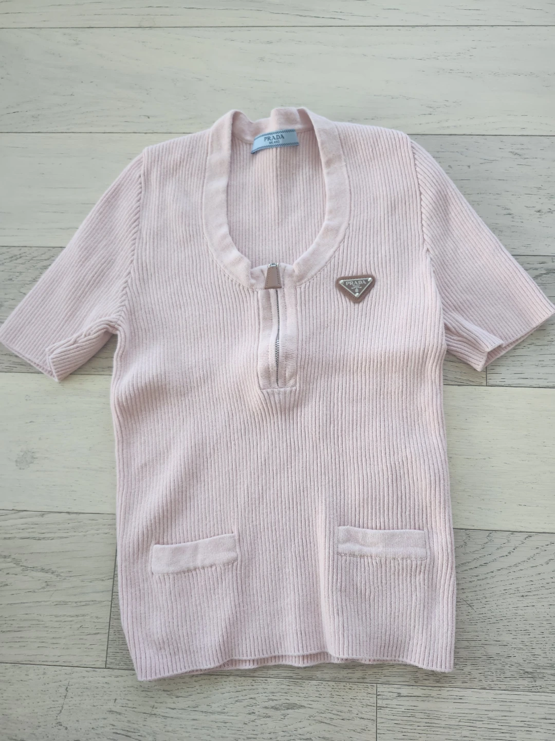 Prada Pink Ribbed Knit Short Sleeve Top with Zipper