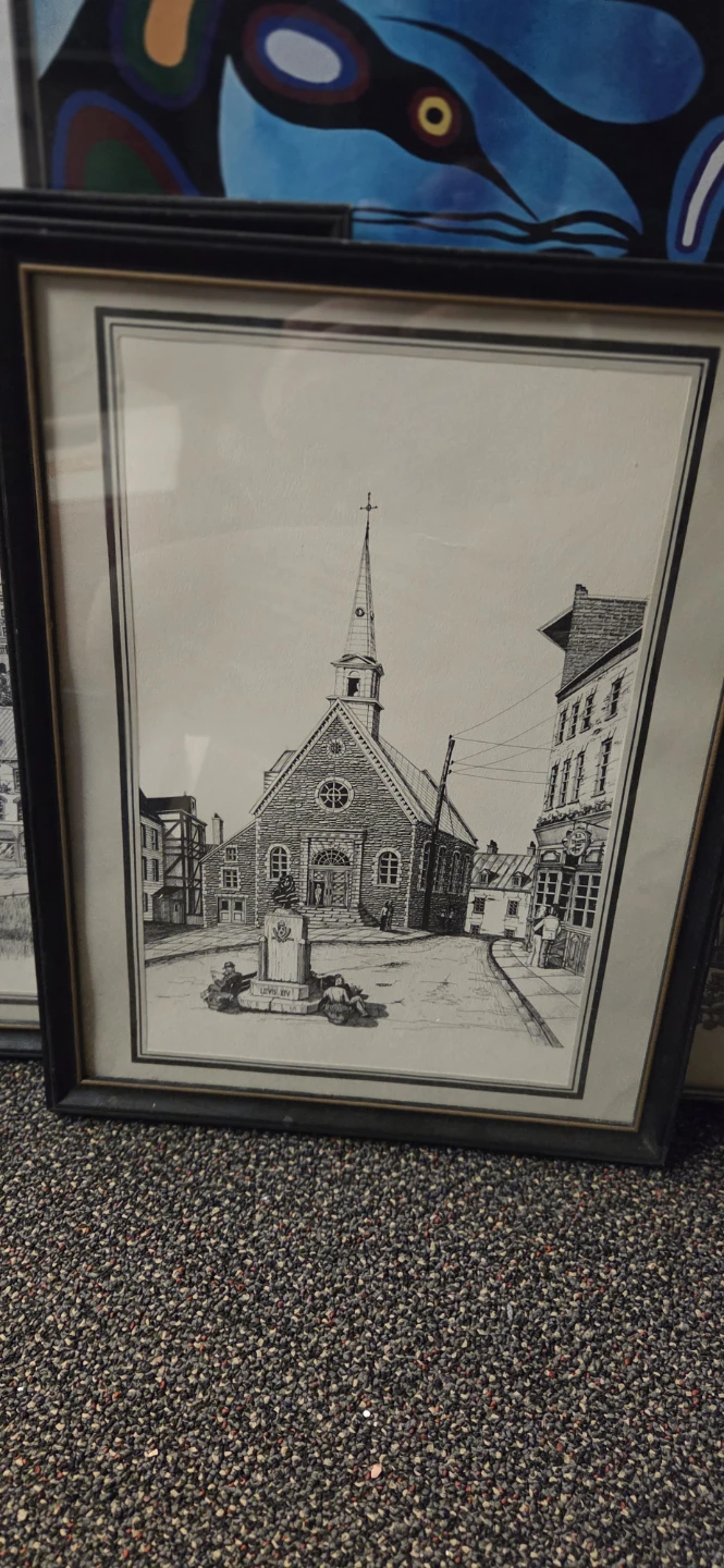 Framed Pen and Ink Drawing of Quebec City Street Scene