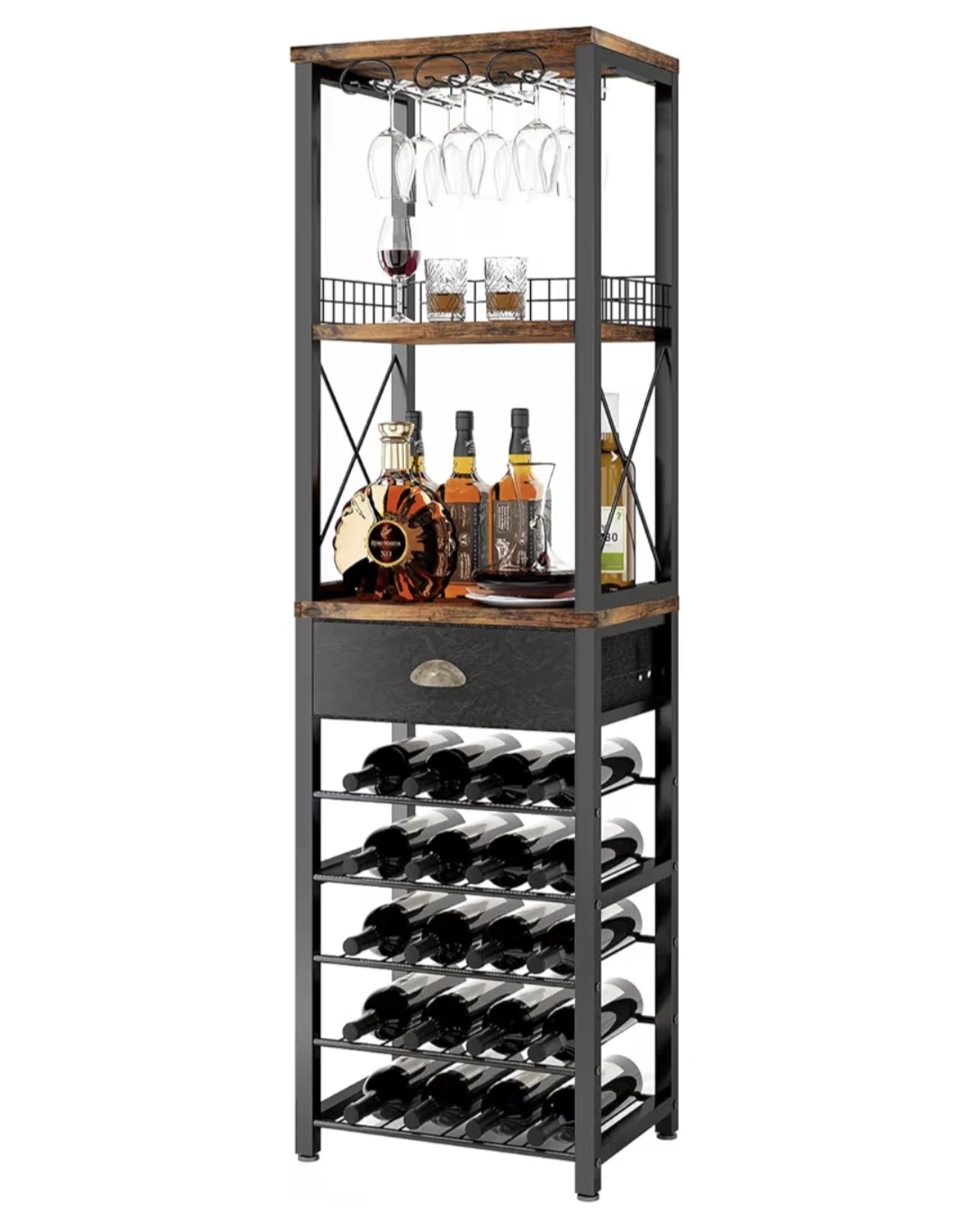 Industrial Wine Rack with Glass Holder and Drawer