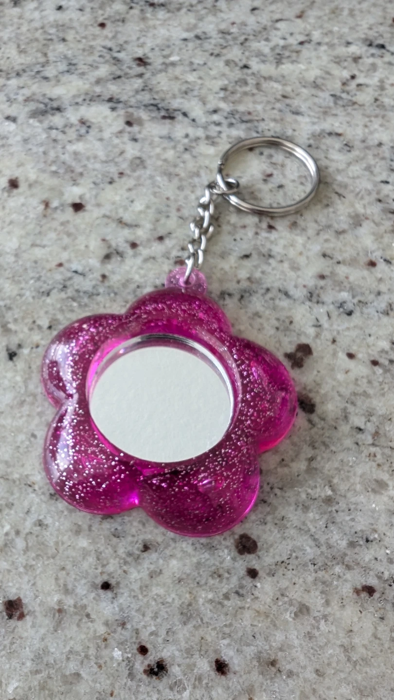 Pink Glitter Flower Mirror Keychain