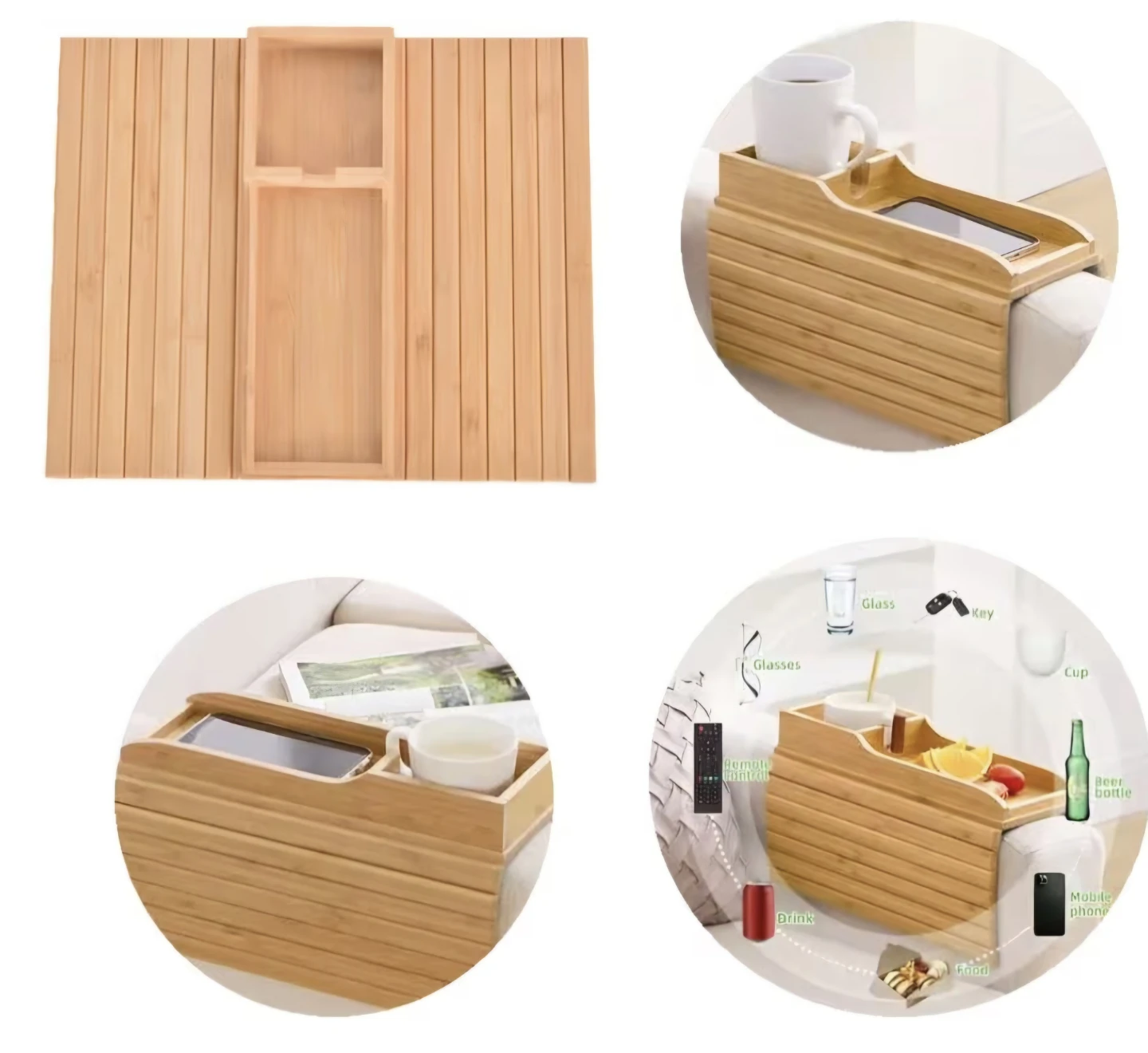 Foldable Wooden Armrest Tray with Cup, Couch Organizer - photo 2