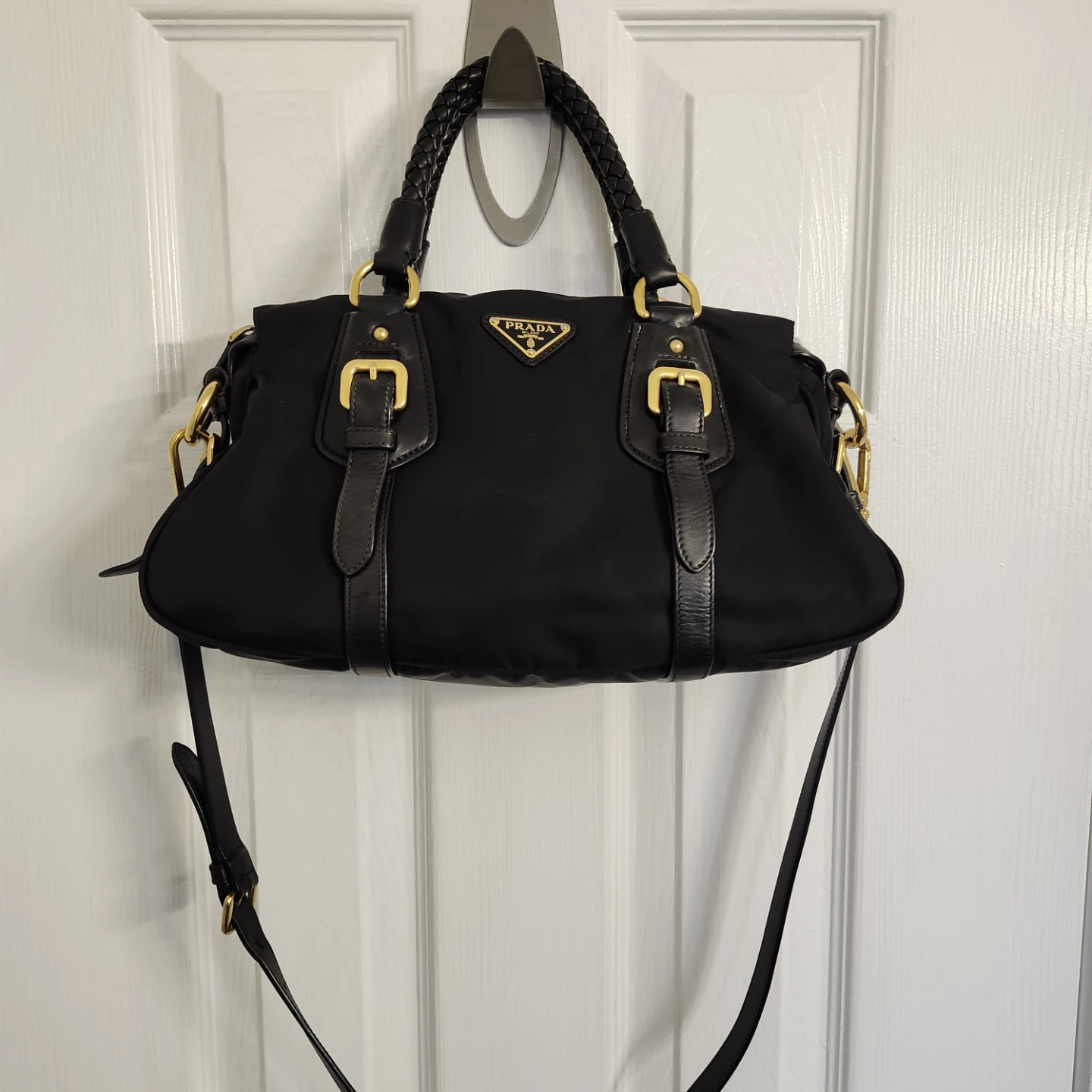 Prada Black Nylon Shoulder Bag with Gold Hardware
