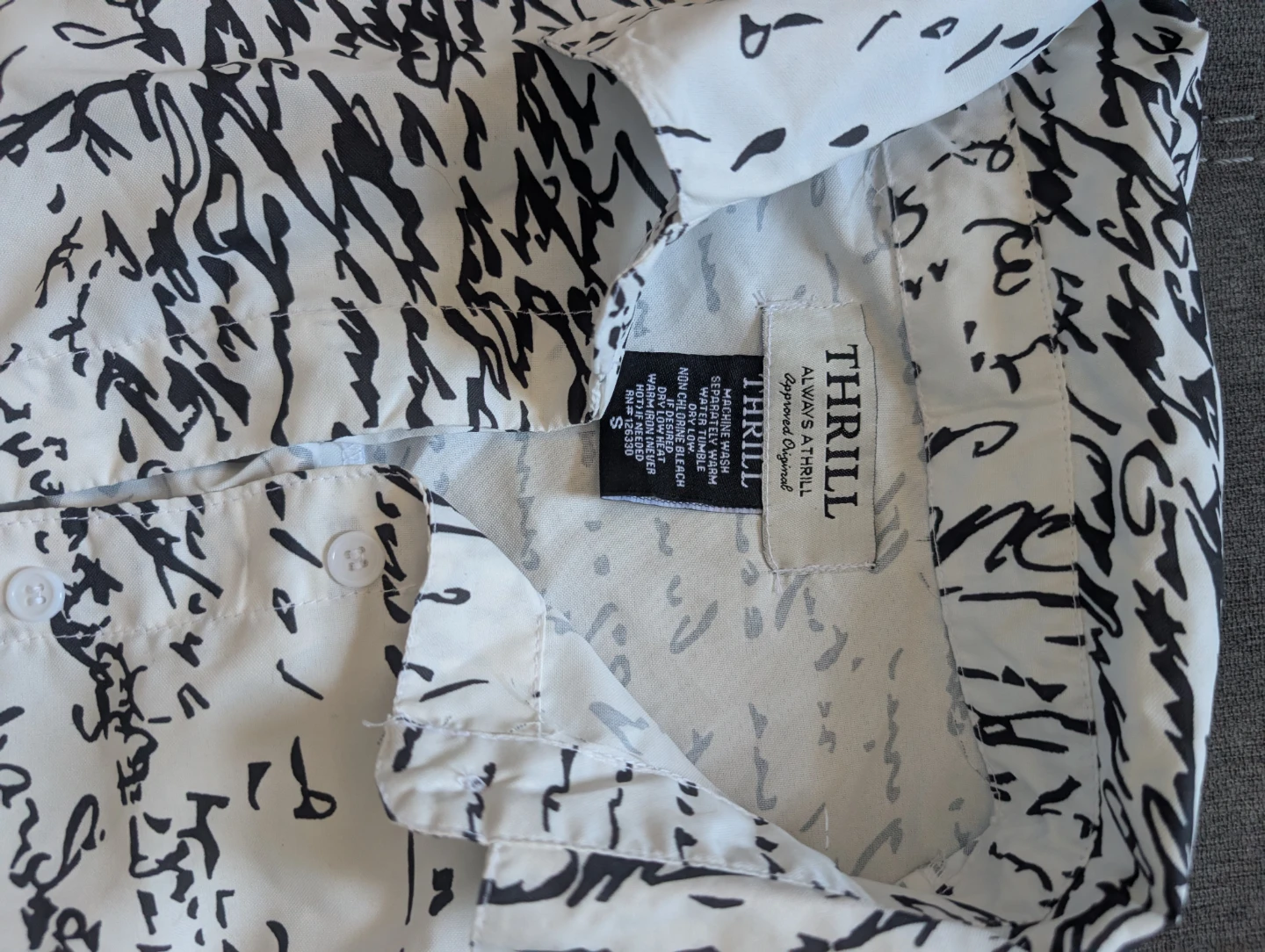 Thrill Button-Up Shirt - Black and White Script Print - Size S