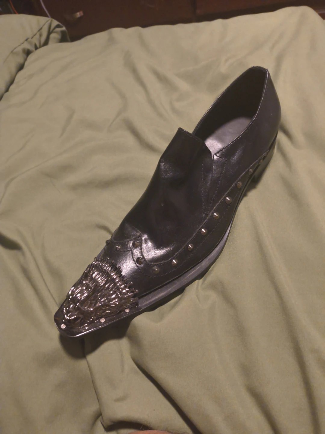 Black Leather Pointed Toe Dress Shoe with Studs
