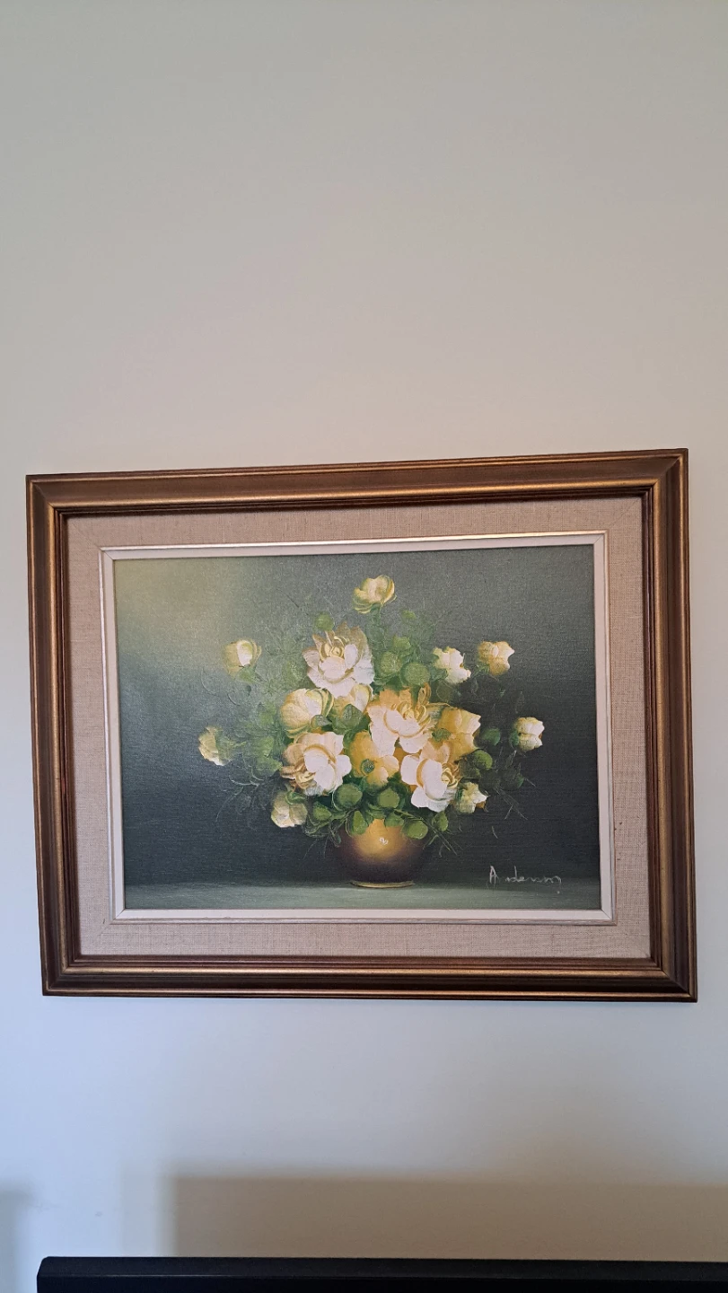 Oil Painting of White and Yellow Roses in a Vase