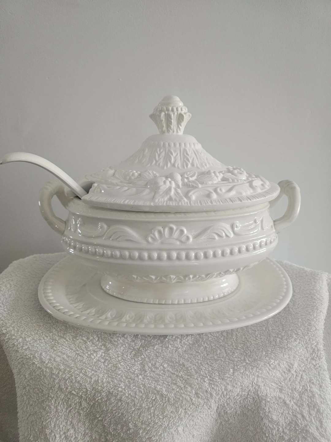 White Ceramic Tureen with Ladle and Underplate