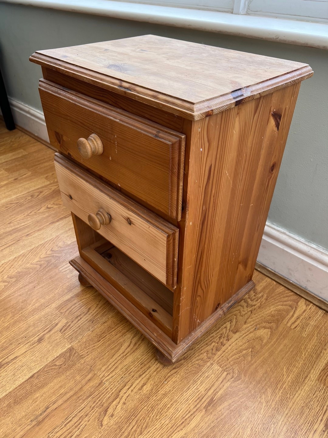 Pine Wood Nightstand with Two Drawers