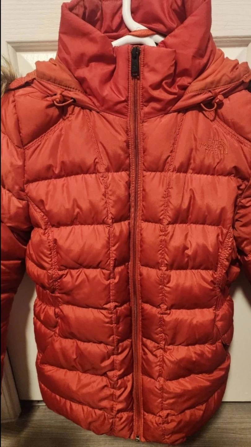 The North Face Orange Puffer Jacket with Faux Fur Hood