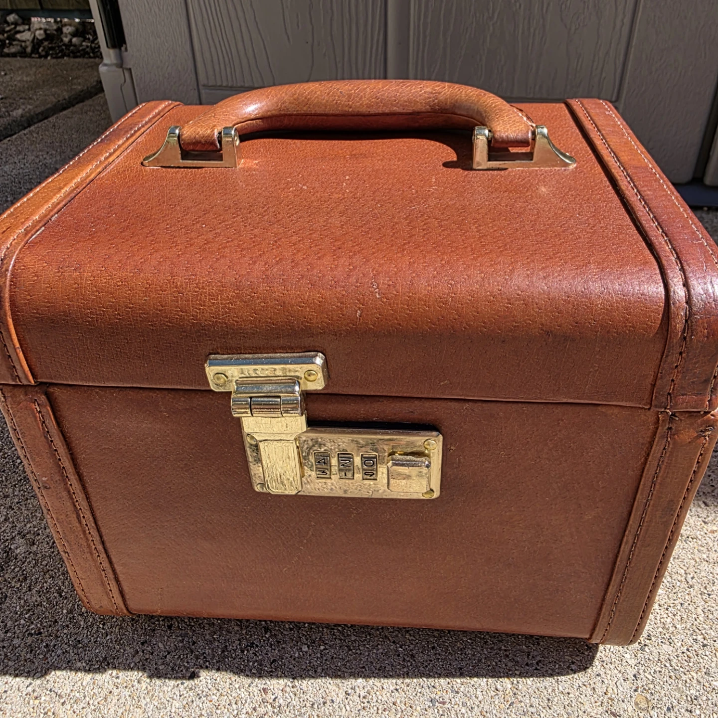 Vintage Brown Genuine Leather Vanity Case with Combination Lock