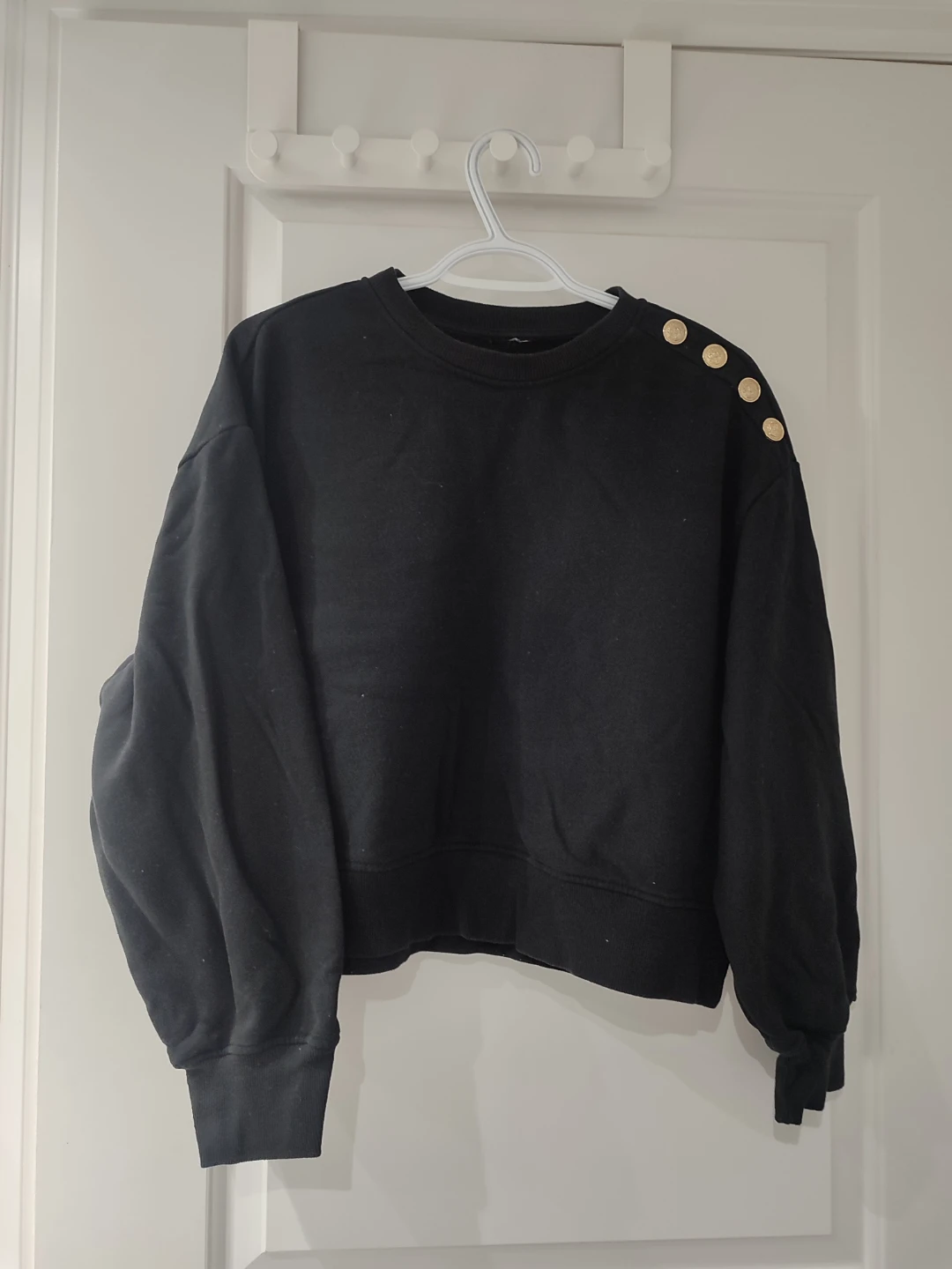 Black Crewneck Sweatshirt with Gold Button Detail