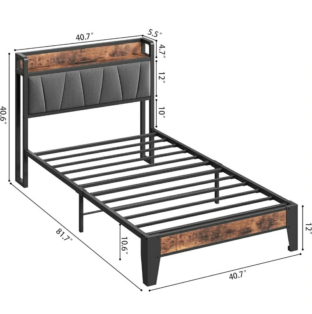 ✨️Twin Bed Frame with Upholstered Headboard & Charging Station - photo 4