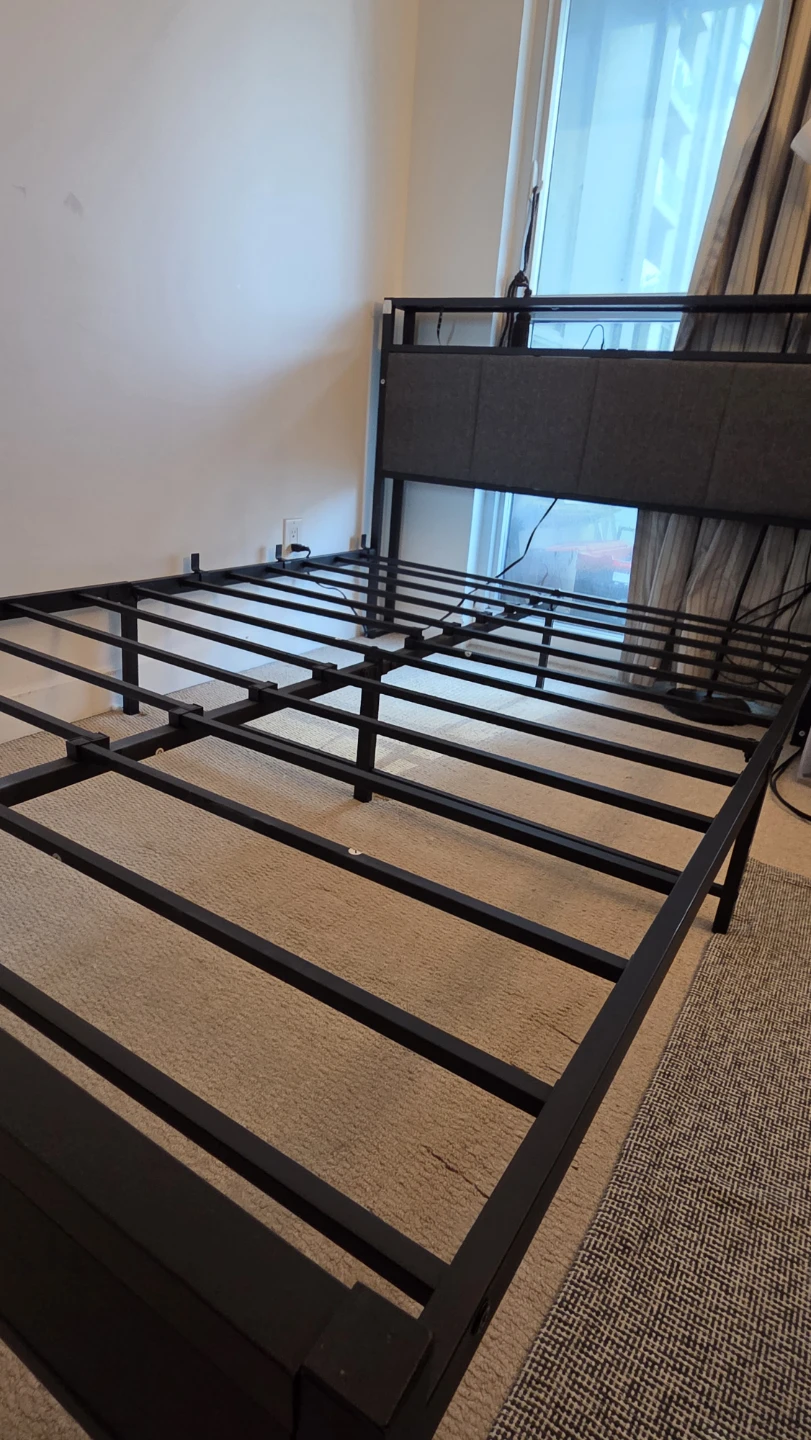 Black Metal Bed Frame with Upholstered Headboard