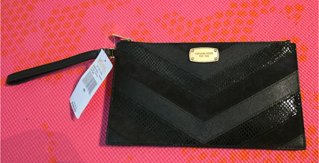 Michael Kors Black Leather Chevron Clutch Wristlet