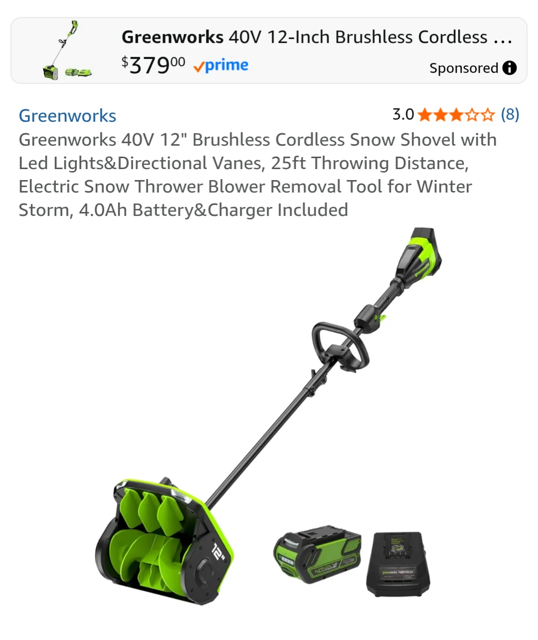 Greenworks 40V 12" Snow Shovel with Battery & Charger