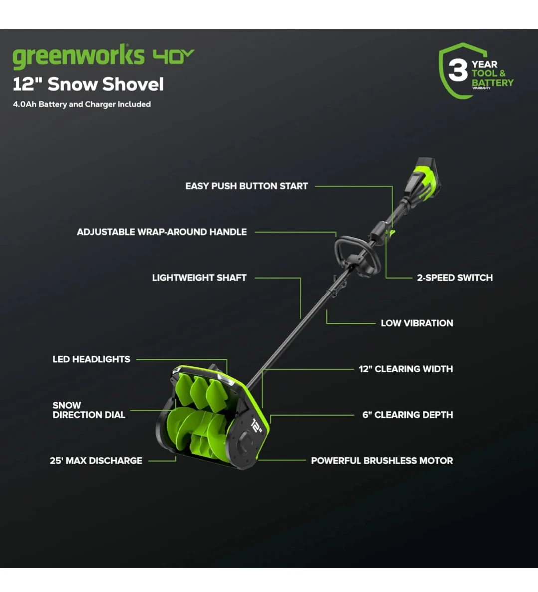 Greenworks 40V 12" Snow Shovel with Battery & Charger - photo 2