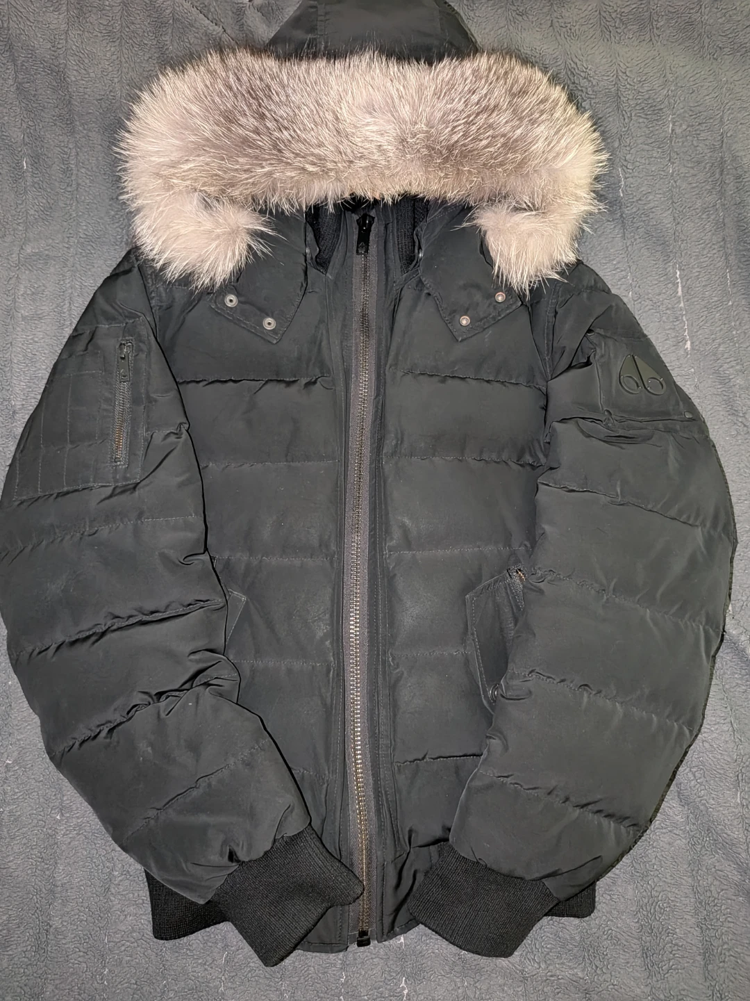 Moose Knuckles Black Bomber Jacket with Fur Hood NJ